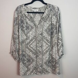 Rose & Olive Womens Lightweight Button Front 3/4 Sleeve Grey Floral Blouse sz 2X